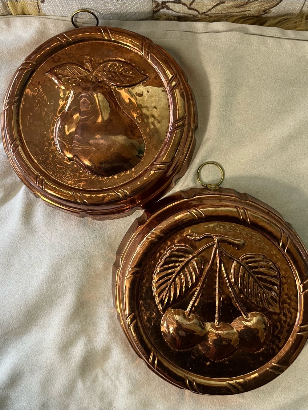Vintage ODI Korea Copper Fruit Wall Plaque Set - Cherry & Pear Motifs